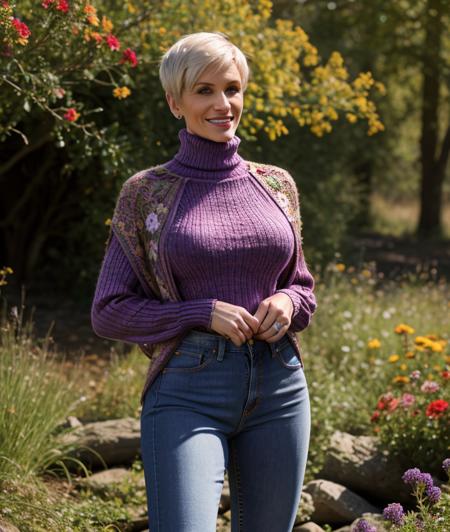 <t2n1v1>, nature, outdoor, Colorful flowers, undergrowth, warm light, sunset, upper body, breast, smile, Cloak, intricate, detailed eyes, jeans, (Knit turtleneck)