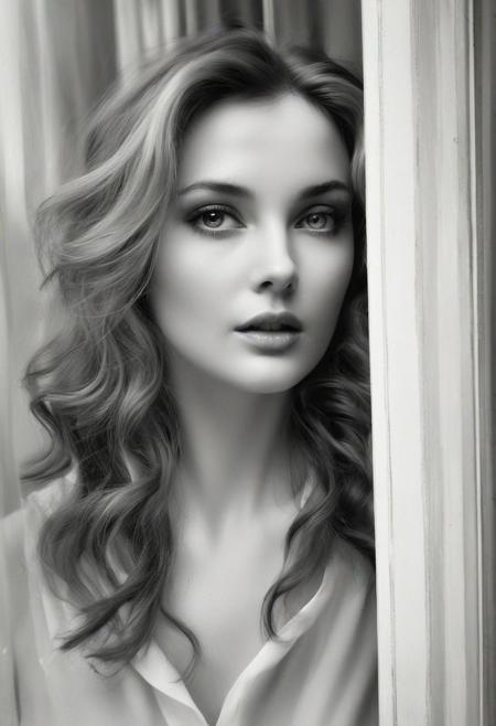 a black and white picture of a woman looking through the window, in the style of duffy sheridan, anna razumovskaya, smooth and shiny, wavy, patrick demarchelier, album covers, lush and detailed --ar 71:128 --stylize 750 --v 6