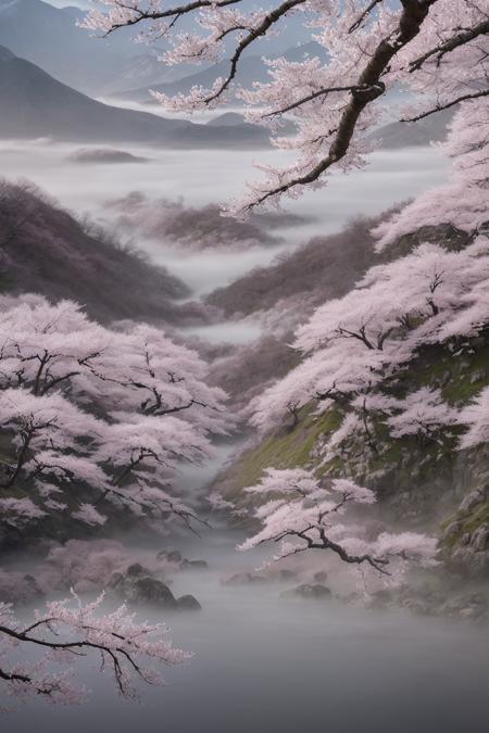 (masterpiece), (best quality), hyper-realistic Japanese landscape during sakura storm, a single katana embedded in the earth beneath a cherry blossom tree in full bloom, petals swirling through the air, distant mountains blurred by mist, calm river nearby, soft morning light, peaceful yet haunting atmosphere, detailed textures, ultra sharp, cinematic color grading