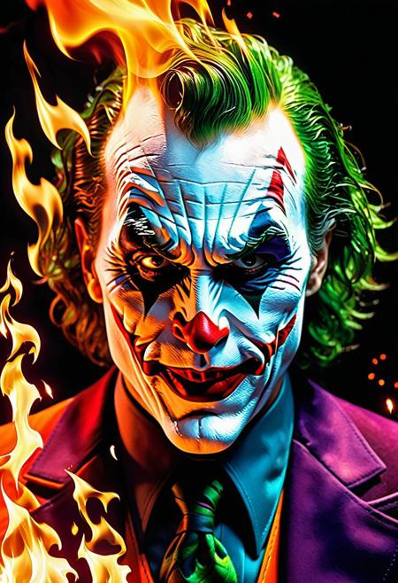 Surrealistic digital art, close-up, THE JOKER engulfed in large flames, Medium shot, vibrant oil painting with triadic colors, eerie glowing embers, intense warm lighting, deep red and orange palette, cinematic film grain, detailed texture, high contrast, dynamic lighting, best quality, incredibly detailed, Batman Villian, 16:9