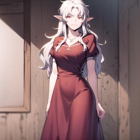 best quality, (masterpiece:1.2), highly detailed, indoors, tables,
1girl, solo, <lora:chara_SoloMaxLevelNewbie_Ophelia_v1:0.8>, ophelia, vampire, standing, closed mouth, slight smile, medium breasts, looking at viewer, from front,
white hair, long hair, red eyes, pointy ears, collarbone, red dress, red shoes, necklace, short sleeves,