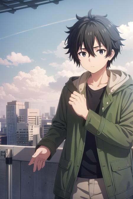 shuu ogata, short hair, black hair, hair between eyes, male focus, (black eyes:1.3), shirt, jacket, open clothes, open jacket, black shirt, green jacket,