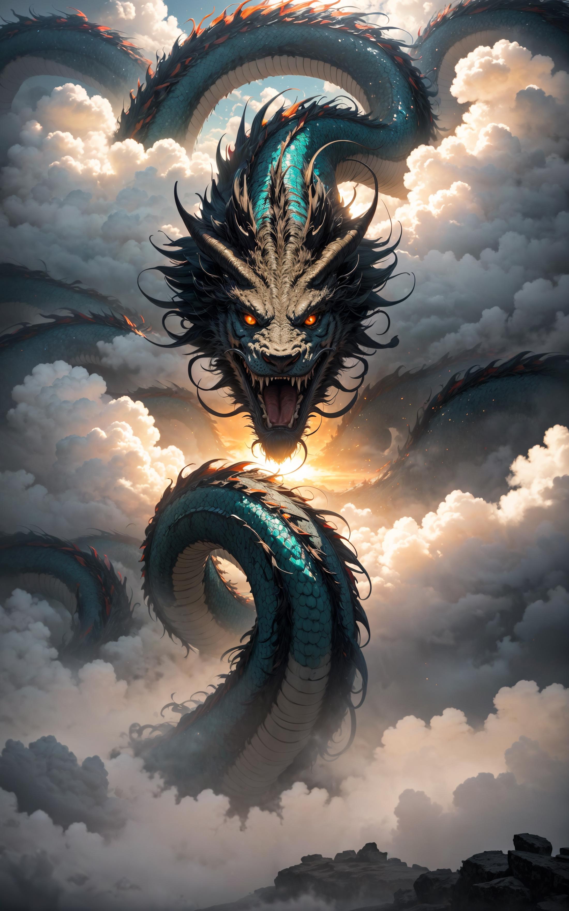 A blue and white dragon with many horns and a scary face in a cloudy sky.