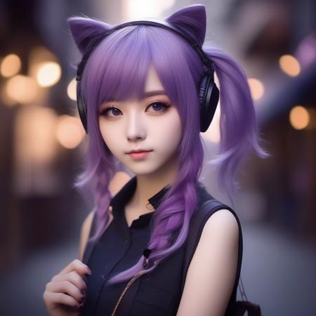 full body, a cute girl in a street, purple hair, hair ornament, twintails, cat ears hairstyle, classic clothes of game, ambient light, (detailed face, detailed body: 1.4), cosplay style <lora:Keqing(Genshin_Impact):0.5>