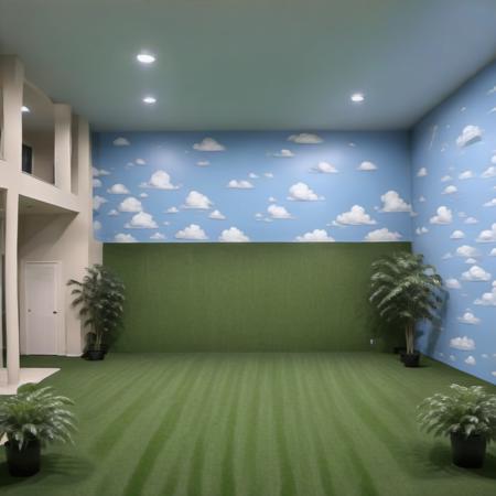 (indoors:1.3), fake plants, fake grass, fake sky painted on the wall
<lora:Liminal_Spaces_XL:1>