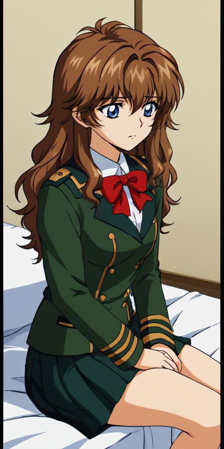  chall, blue eyes, brown hair, hair between eyes, wavy hair red bow, green military uniform, blazer, green jacket, green pleated skirt, white thighhighs