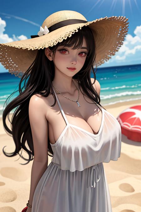 <lora:LCM_LoRA_Weights_SD15:1>
(masterpiece, best quality),(depth of field),shiny skin,1lady,solo,
Clothing: white flowy maxi dress,wide-brimmed hat,strappy sandals,Accessories: shell necklace,Hair: loose beach waves,Makeup: natural,glowing skin,Behavior: relaxed,carefree,free-spirited,Location: beach,resort,outdoor festival,red eyes,huge tits,<lora:L_IR01z1:0> <lora:L_IR02x2:0.2> <lora:L_IR03x1:0>