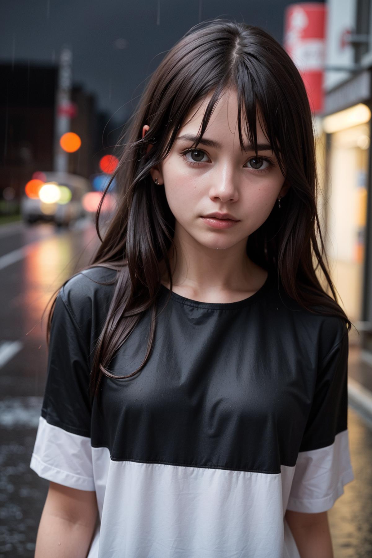 A Girl in a Black and White Shirt Staring at the Camera.