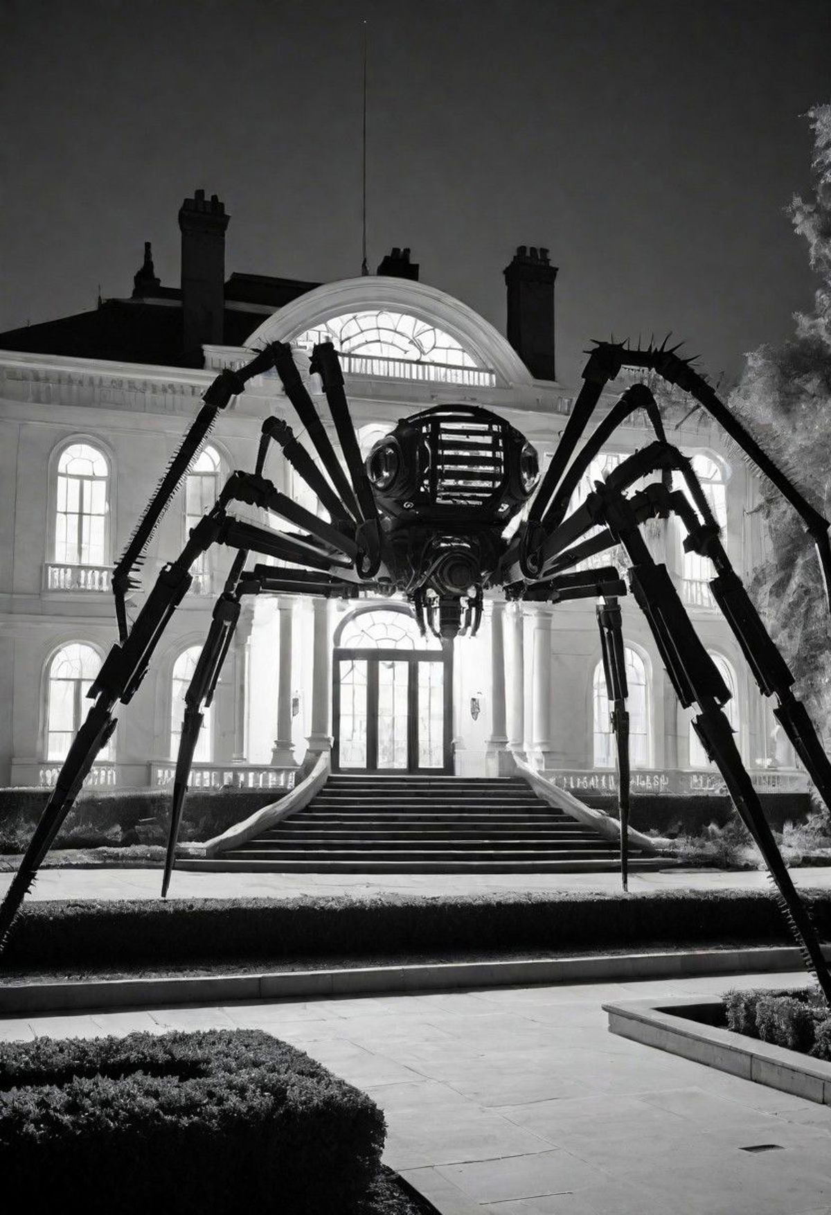 A giant spider sculpture in front of a building.