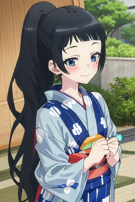 best quality, masterpiece, highres, solo, {yukata:1.40}, {kimono:1.20}, {chiyo_4ninwasorezoreusootsuku:1.15}, black_hair, long_hair, blush, bangs, mole, mole_under_eye, blunt_bangs, smile, blue_eyes, serafuku, ponytail