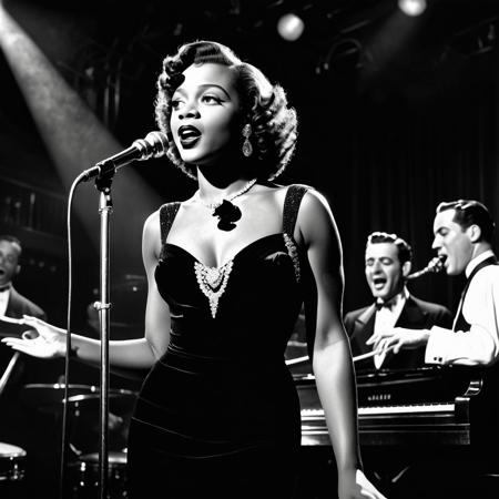 A high-contrast black and white photo of a beautiful black female singer in a jazz band singing in a night club in the 1940s Chicago. She is wearing an elegant and stylish black dress with epaulets that glitters in the lights. Her curly hair is styled in a fashionable hairdo. In the background the other members of the band can be seen and next to her is a table with drinks.