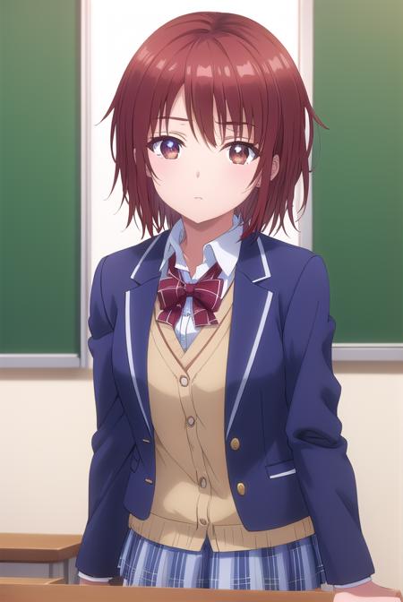 chitoseshirakawa, <lora:chitose shirakawa s1-lora-nochekaiser:1>,
chitose shirakawa, short hair, (brown eyes:1.5), red hair,
BREAK skirt, bow, school uniform, jacket, pleated skirt, plaid, plaid skirt, blazer, cardigan,
BREAK indoors, classroom,
BREAK looking at viewer, (cowboy shot:1.5),
BREAK <lyco:GoodHands-beta2:1>, (masterpiece:1.2), best quality, high resolution, unity 8k wallpaper, (illustration:0.8), (beautiful detailed eyes:1.6), extremely detailed face, perfect lighting, extremely detailed CG, (perfect hands, perfect anatomy),