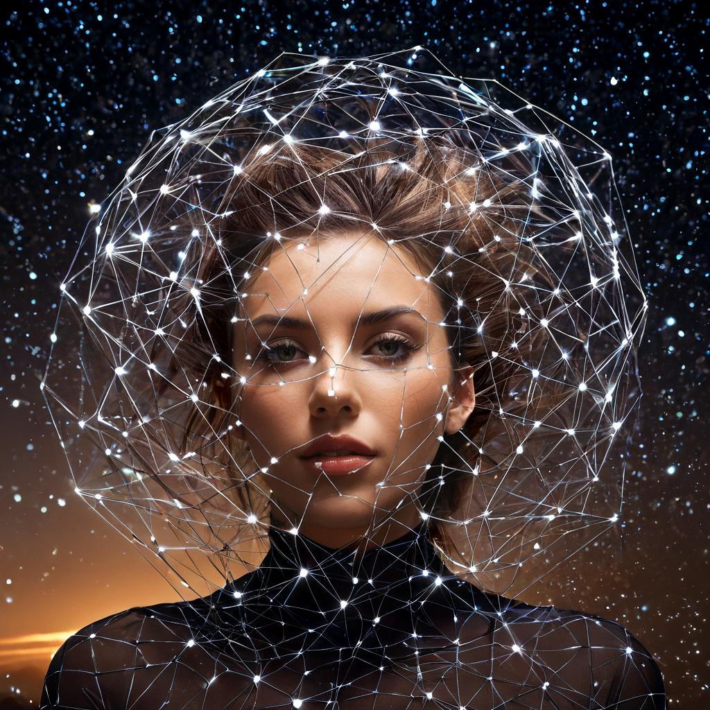 long shot scenic professional photograph of A hyperrealistic portrait of a woman whose body is turning into a swarm of glowing, geometric shapes, her skin breaking apart into cubes, pyramids, and spheres that float in the air around her. Her face is dissolving into sharp, angular forms, but her eyes remain as radiant, glowing orbs, watching as her form disintegrates. Her hair has become a flowing stream of glowing geometric particles, twisting and swirling like a ribbon of light. Behind her, the background is a surreal grid of floating geometric forms, each one glowing softly and constantly shifting in size and shape., perfect viewpoint, highly detailed, wide-angle lens, hyper realistic, with dramatic sky, polarizing filter, natural lighting, vivid colors, everything in sharp focus, HDR, UHD, 64K