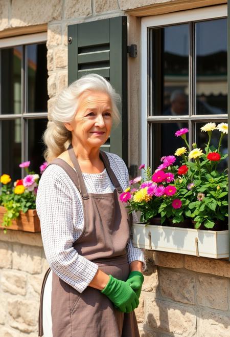 A gentle looking old lady tending to her flowers in her windows box. On a sunny day in northern italy, this older lady is wearing fashionable every day clothes, she has a dreamy expression and a little smile as if she was remembering good times, her wavy white hair loosely tied in a pony tail, she wears green gloves and an apron. She stands outside by the windows of her stone house. She is delicately tending to her flower window box full of pretty colorful flowers. A perfect calm atmosphere for a delicious day.
