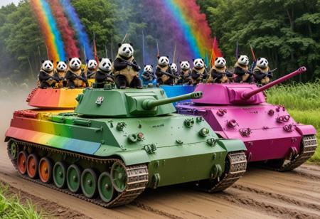 Army pandas riding rainb0w panzers into battle  <lora:Rainbow_Morph_-_bring_sunglasses:1>
