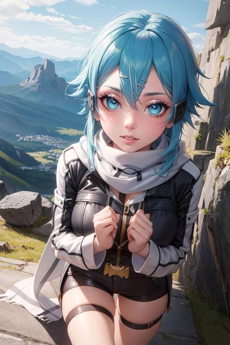 sinon, aqua hair, hair ornament, shorts, scarf