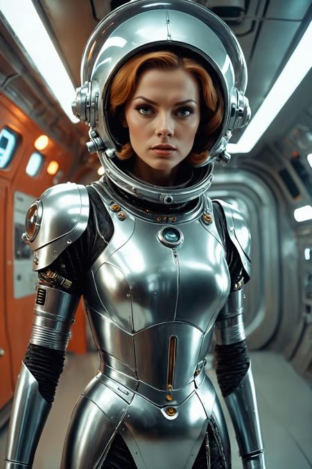 campy analog film still from a 1960s soviet sci-fi movie,  swedish female positronic cyborg with a space helmet, electrical robe, (sfw:1.2), eclectic space station interior, blinkenlights, intense stare, bold stance, space glam chic, kitsch,cinematic,wacky,glitter,retro, sharp focus, wide angle lens, scenic