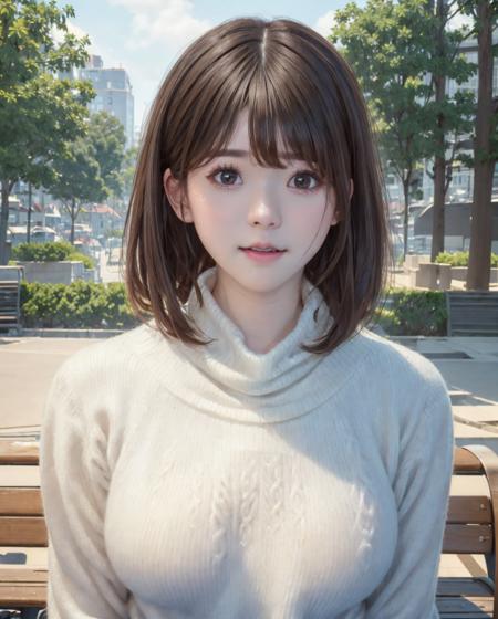 pureerosface_v1:0.3, best quality, photorealistic, 8k, high res, full color, 1girl, woman, 20 years old woman, (skindentation), (portrait:0.6), trees, park bench, daylight, ((park background:1.52)), full color, ((necksweater:1.68)), looking at viewer:1.8, (1girl eyes looking at viewer:1.55), (short-length hair, brownhair, partedbangs:1.45), (bokeh), <lora:AAV-mirai:0.7>