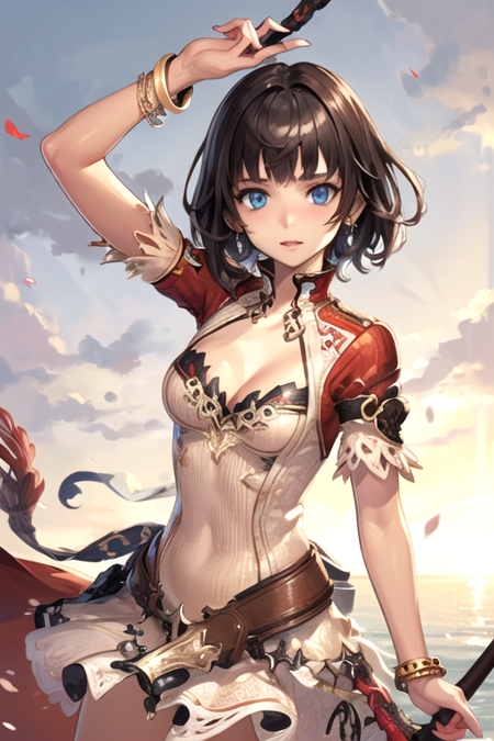 ZephieMagna, 1girl, solo, long hair, short hair, blue eyes, brown hair, dress, cleavage, jewelry, medium breasts, belt, bracelet, armlet