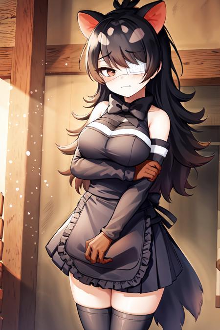 <lora:AustraliandevilKemonofriends_Australiandevil:0.7>,O-DEBI
1girl,solo,masterpiece, best quality, high quality,delicate facial features,mishoujo,hyper_detail,game cg, finely detailed beautiful eyes and detailed face,lustrous skin,colorful
red-eared_slider_(kemono_friends), eyepatch, multicolored hair,black hair, brown_hair, long hair, fang, animal ears, zettai ryouiki,black eyes, extra ears, gradient hair, fang out, brown eyes,  empty eyes,(large breasts:1.2), alternate breast size, 
multicolored clothes,black apron,waist apron, detached sleeves, brown gloves, pleated skirt,white shirt,black shirt, black bow, black bowtie,bare shoulders, shoes, black thighhighs,brown footwear, line_pattern
(looking at viewer:1.4), (standing:1.5), (cowboy_shot:1.4),blush,closed mouth,
(forest:1.4),(lake:1.2), (blue_sky:1.2),