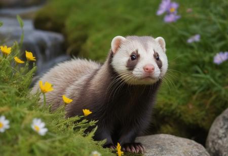 close-up ferret, Winding stream, rocky mountainside, large boulders, green meadows, vibrant patches of spring flowers and grasses, wildflowers, delicate petals, creeping moss on rocks, dappled sun, serene atmosphere, waterfall,  
Intense lighting, bright and evenly lit scene, soft and diffused light, soft and airy tones, joyful and uplifting ambiance, very realistic high-resolution photography