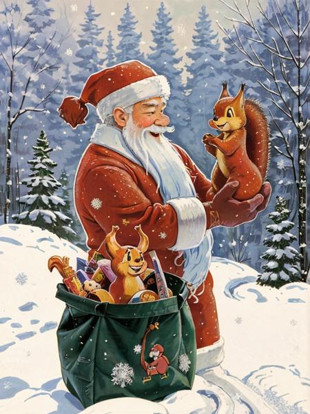 santa claus with squirrel in hands,  big bag of gifts, winter hat, snow,  sunshine, day, snowfall, snowflakes, forest, paint by zarubin, <lora:zarubin:0.8>