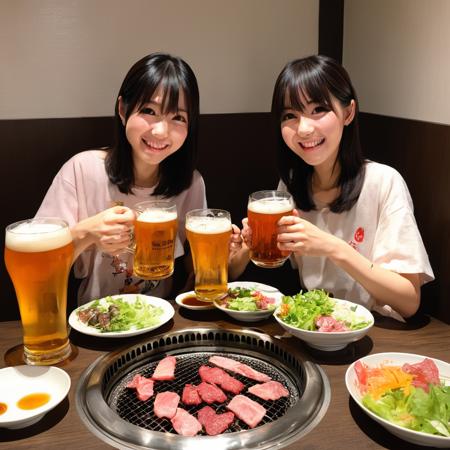 best quality, ultra-detailed, illustration, japanese girl, cute, (shy smile), 
smokeless_roaster, grill, yakiniku, japan, food, cup, multiple girls, 2girls, jewelry, meat, salad, holding, bracelet, black hair, holding cup, eating, plate, alcohol, bowl, restaurant, drinking glass, shirt, indoors, chopsticks, mug, beer, smile, looking at viewer, rice, table, mole, long hair, blurry, beer mug, sitting
 <lora:smokeless_roaster_SDXL_V2:1>