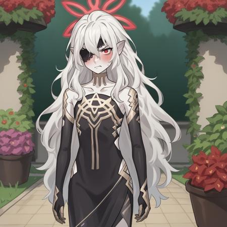 Embla_FEH  red eyes, long hair, pointy ears,white hair, colored skin, halo, eyepatch, high heels, black dress, elbow gloves,