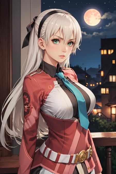 masterpiece, best quality, elie macdowell, hairband, blue necktie, hair ribbon, long sleeves, belt, large breasts, standing, upper body, city, red moon, night, looking at viewer, furrowed brow, serious <lora:elie-nvwls-v2-sen4:0.9>