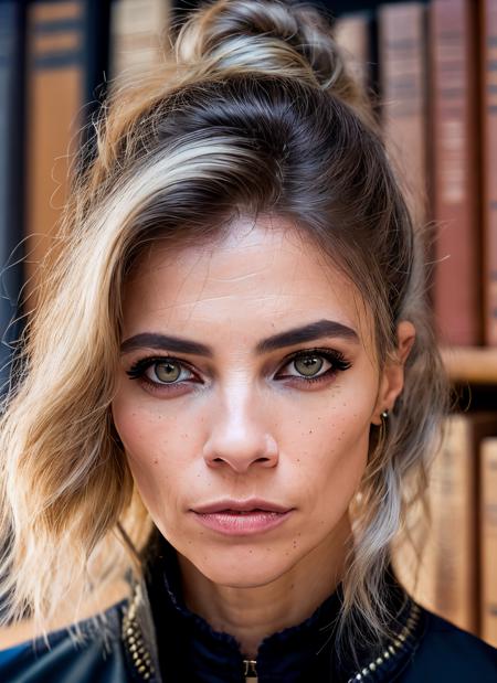 closeup portrait of skswoman, bad , wearing jumpsuit , with ash blonde Half-up, half-down hairstyle , background haunted library epic (photo, studio lighting, hard light, sony a7, 50 mm, matte skin, pores, colors, hyperdetailed, hyperrealistic), <lyco:Maribel Verdu:1.1>