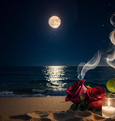 Splash water, long roses, crystal, on the beach, fantasy, sky night , moon, smoke , photo, HD, 8K , realistic, HD, intricate, 8k, highly detailed,fun, sharp focus,