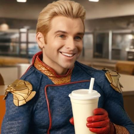 masterpiece, 8k wallpaper, best quality, photo realistic, realistic, HomeLander, <lora:HomeLander>,  smile, closed mouth, holding cup of milk, drinking, standing, (cafeteria at the background,),