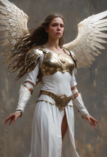Front view, Low angle, full shot of a Valkyrie ,  angel wings, long hair, white old Minimum dress, golden steel armour, flying pose, hieratic, imposing, melancholic, at day, wind, top light, masterful painting in the style of Anders Zorn | Marco Mazzoni | Yuri Ivanovich, Todd McFarlane, oil on canvas