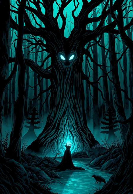 eerie forest, glowing teal light, shadow creatures, glowing eyes, living tree spirit, dark fantasy, surreal atmosphere, misty water, haunted woods, whimsical horror, folklore inspired, dreamlike environment, fantasy illustration, mysterious ambiance, otherworldly beings, vibrant socially conscious comic art, expressive linework, bold contrasting colors, striking graphic composition, dynamic stylized characters, intricate patterns, urban aesthetics, cultural and political themes, exaggerated perspectives, unconventional panel layouts, immersive visual experience, identity and social commentary, pop culture influence