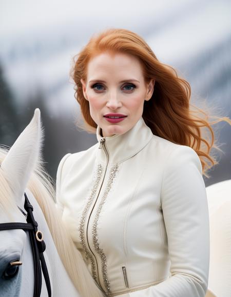 <lora:JessicaChastain:1> 2020 photo of  33 year old  JessicaChastain, in danmark, riding a white horse through the snowy slopes , soft lighting, tack sharp, 4k, dslr