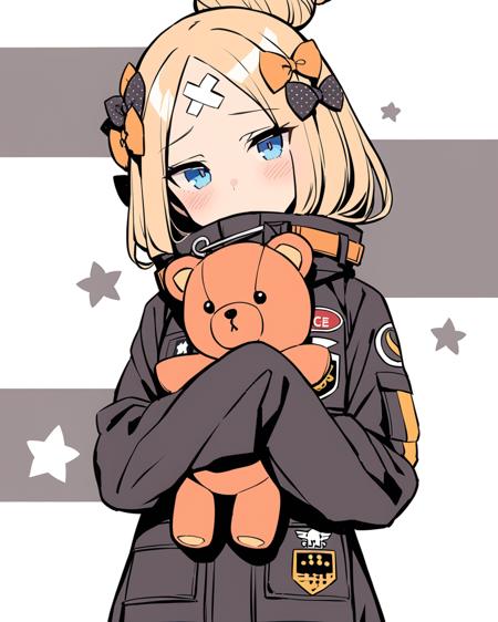 masterpiece, best qualityï¼
 <lora:AB:1>ï¼1girl, abigail williams (fate), solo, abigail williams (traveling outfit) (fate), hair bun, single hair bun, blonde hair, orange bow, blue eyes, stuffed toy, teddy bear, stuffed animal, black bow, bow, official alternate costume, parted bangs, sleeves past wrists, bangs, sleeves past fingers, black jacket, object hug, polka dot bow, hair bow, jacket, polka dot, looking at viewer, long sleeves, blush, long hair, grey background, white background, holding, covered mouth, holding stuffed toy, head tilt, key, star (symbol), standing, crossed bandaids, forehead, two-tone background, character name, can, cowboy shot