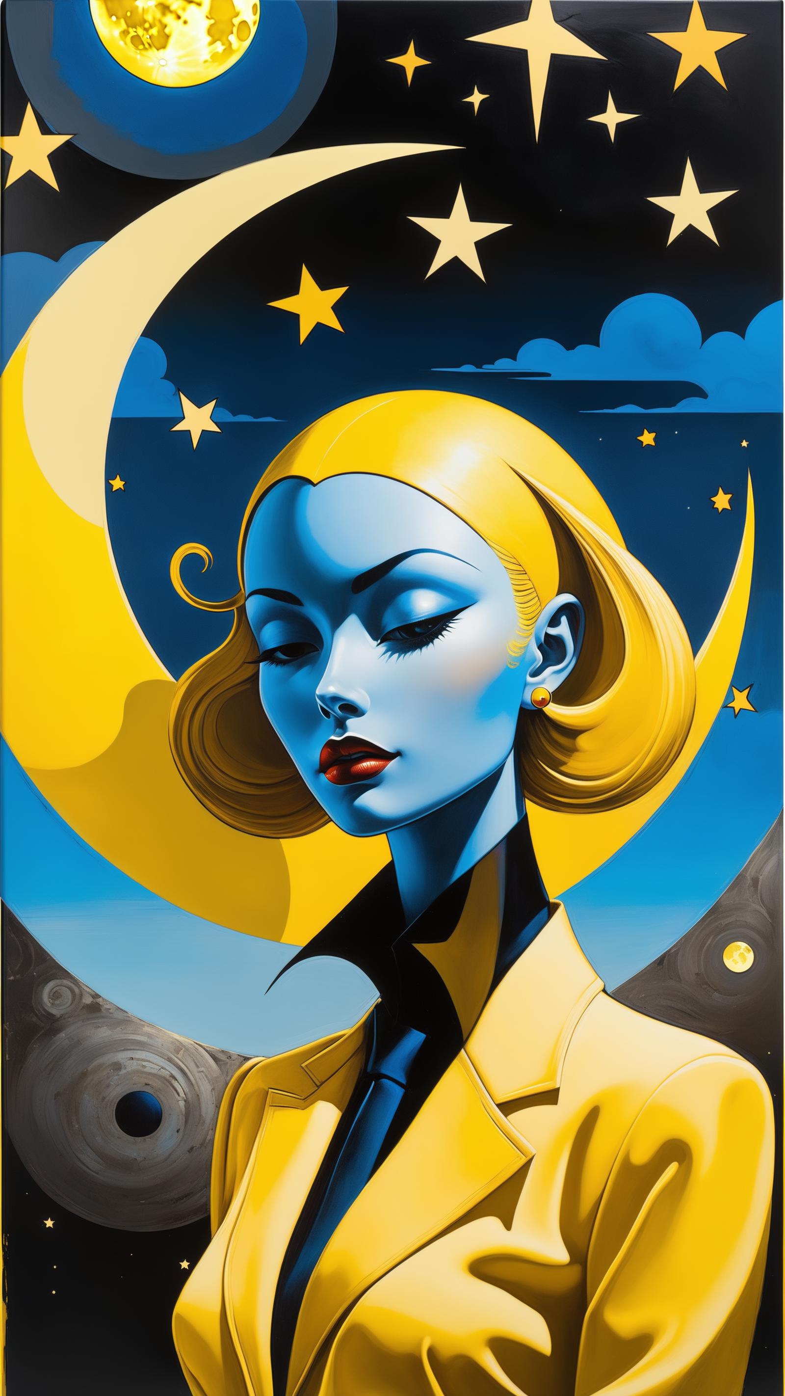A yellow-haired woman with blue skin and red lips under a moon at night.