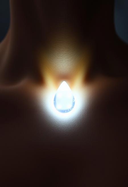 subdermal LED teardrop pendant, (internal LED glow:1.7), (embedded LEDs:1.8) forming a single, prominent glowing teardrop shape beneath the skin at the base of the neck, soft light radiating from the central point, (teardrop-shaped glow:1.6) mimicking a teardrop gemstone pendant, smooth light diffusion, (natural skin tone:1.5), high-definition, (ultra-realistic skin texture:1.8), seamless integration of light and skin, radiant teardrop effect beneath the skin, (worn pendant:-1.8), (visible jewelry:-1.8), (clunky design:-1.5), glowing light transitions, perfect for formal and casual wear, subtle yet bold