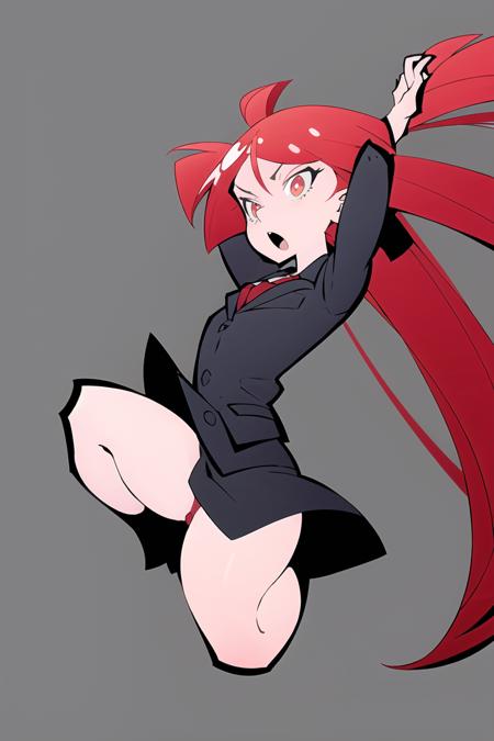 1girl, red hair, long hair, from below,  jumping, dynamic pose,  suit , miniskirt, 
<lora:ThePinkPirate-22:1>, flat color, wide-eyed,