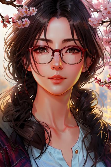 half body portrait of juliachang with glasses, nature, sunlight, bright, particles, cherry blossom, illustration by Greg rutkowski, yoji shinkawa, 4k, digital art, concept art, trending on artstation