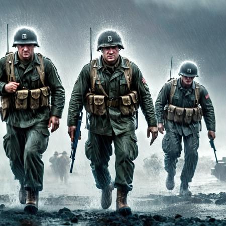 concept art of two us soldiers in the rain storm with helmets on Saving Private Ryan Cinematic Film Style
 <lora:Saving Private Ryan Cinematic Film Style:1>
 <lora:PerfectEyesXL:1> <lora:lora6:1>
 <lora:perfect hands:1>
perfect hands, digital artwork, illustrative, painterly, matte painting, highly detailed