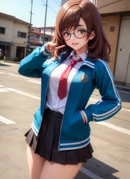 masterpiece, best quality, ultra-detailed, illustration,  <lora:yuzuriha_maimai-10:0.9>, yuzuriha_maimai, thick eyebrows, brown hair, green eyes, medium hair, glasses, round eyewear, track jacket, green jacket, open jacket, white shirt, collared shirt, shirt tucked in, pink necktie, pleated skirt, black skirt, outdoors, japanese, teen, upper body, naughty face