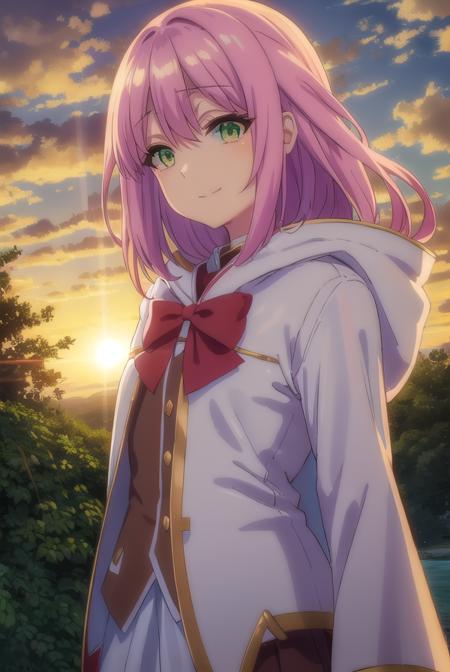 nornclatalissajioral, <lora:norn clatalissa jioral s1-lora-nochekaiser:1>,
norn clatalissa jioral, long hair, hair between eyes, (green eyes:1.5), pink hair, smile,
BREAK long sleeves, dress, bow, red bow, hood, robe, white robe,
BREAK outdoors, forest, nature, grass, trees, sun, sky, clouds,
BREAK looking at viewer, (cowboy shot:1.5),
BREAK <lyco:GoodHands-beta2:1>, (masterpiece:1.2), best quality, high resolution, unity 8k wallpaper, (illustration:0.8), (beautiful detailed eyes:1.6), extremely detailed face, perfect lighting, extremely detailed CG, (perfect hands, perfect anatomy),