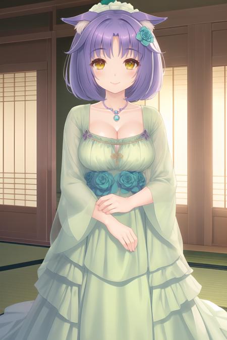 nekogui,gold eyes, <lora:super-nekogui-v7:0.94>,1girl, animal ears, solo, cat ears, dress, breasts, yellow eyes, short hair, cleavage, smile, purple hair, looking at viewer, necklace, large breasts, hair ornament, flower, jewelry, slit pupils, indoors, hair flower, tatami, green dress, collarbone