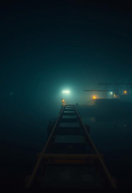 An abandoned harbor dock at midnight, drenched in deep teal and shadowy blacks. The camera floats above still water, reflecting faint amber lights from distant cranes. Fog crawls slowly across the pier, engulfing empty shipping containers and rusting rails. A single cargo ship drifts in without sound, its floodlights flickering softly through the haze. The silence is near-complete, broken only by the low echo of waves and distant industrial groans. Cinematic, 4K, 35mm film texture, muted tones, eerie and dreamlike—like a forgotten place caught between worlds.