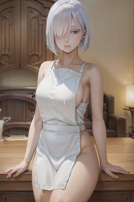 (masterpiece, best quality:1.2), <lora:sxf_frost_v11-20:0.9>, cowboy shot, solo, 1girl, fiona frost, expressionless, closed mouth, looking at viewer, short white hair, hair over one eye, purple eyes, naked apron, large breasts, living room