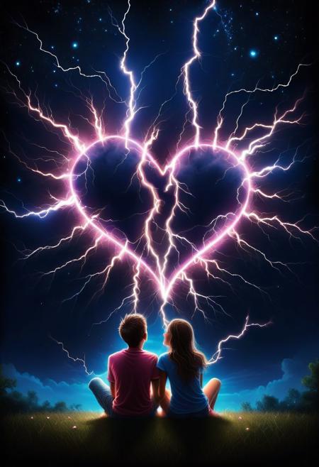 <lora:Lightning_SDXL:1>, mad-lgthng, a boy and a girl with arms around each other looking up at the night sky with a heart shaped pink lightning is, back against the camera, sitting on the ground, vibrant colors, magical, heartwarming