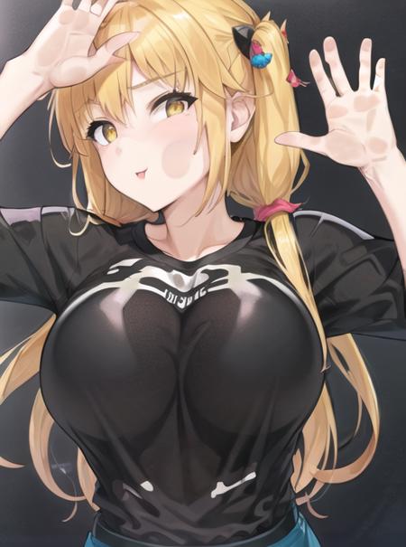 <lyco:cheekonglass-08:0.7> cheekonglass, 1girl, solo, long hair, breasts, looking at viewer, blonde hair, large breasts, shirt, hair ornament, twintails, yellow eyes, upper body, ahoge, bell, black background, t-shirt, breast press, clothes writing, hair bell, fourth wall, breasts on glass