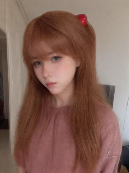 dirya, aska, 1girl, long red hair, beautiful, young, (pullover:1.3), chocker, selfie photo, <lora:dirya:0.8>
