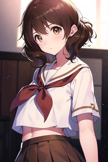 kumikooumae, <lyco:kumikooumae-LYCORIStest:1>,
kumiko oumae, (brown eyes:1.5), brown hair, short hair, wavy hair, (flat chest:1.2),
BREAK brown shirt, brown skirt, kitauji high school uniform, long sleeves, neckerchief, pleated skirt, red neckerchief, sailor collar, school uniform, serafuku, shirt, skirt, uniform, white sailor collar,
BREAK looking at viewer,
BREAK indoors, classroom,
BREAK <lora:GoodHands-vanilla:1>, (masterpiece:1.2), best quality, high resolution, unity 8k wallpaper, (illustration:0.8), (beautiful detailed eyes:1.6), extremely detailed face, perfect lighting, extremely detailed CG, (perfect hands, perfect anatomy),